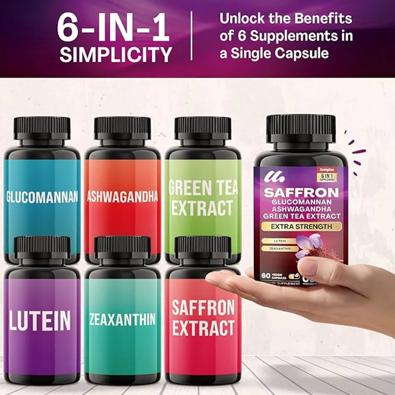 Saffron supplement - glucomannan, South African eggplant,green tea extract,lutein,and zeaxanthin - pure saffron extract capsules