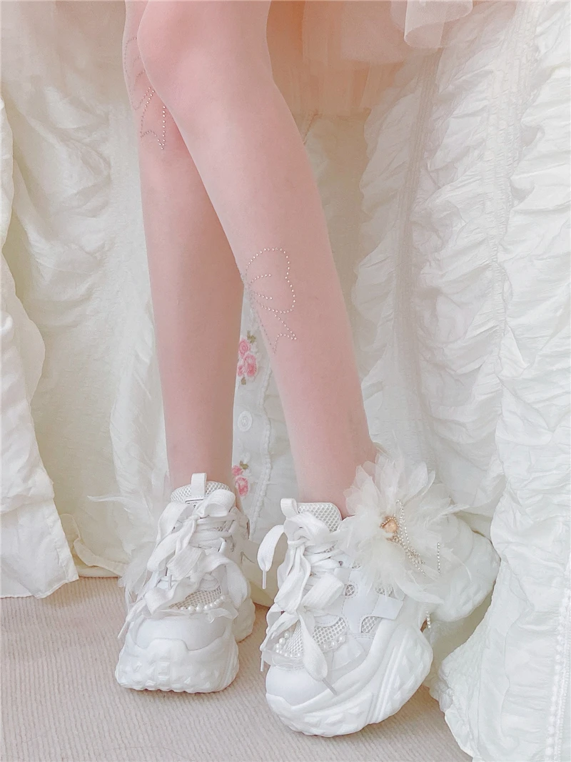 Lolita Design 2025 Spring New Thick soled Tall Dad Shoes Sweet Lace Bow Sponge Cake Casual Sports Shoes