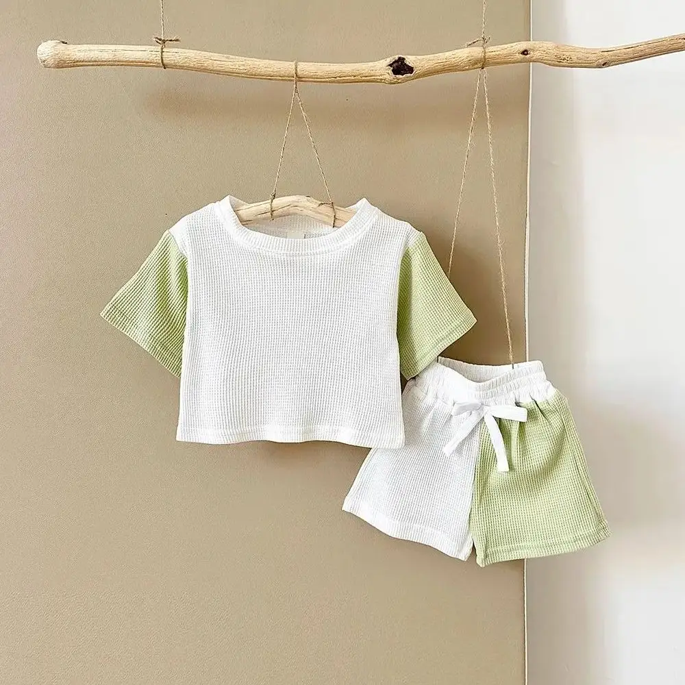 2024 Baby Girls Clothes Newborn Baby Set Summer Waffle T-shirt+Shorts Splices Colors Baby Boys Clothing 0-3Y Infant Toddler