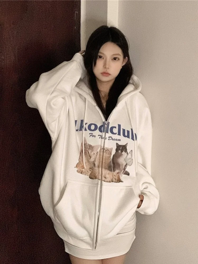 ADAgirl Cartoon Cat Print Zip Up Hoodie Women Kawaii Katten Cutecore Sweatshirt Coat Japan Style Vintage Harajuku Pullover Tops