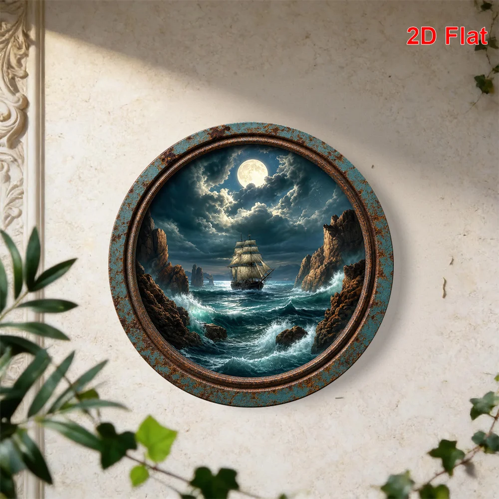 2D Flat, 1pc 2D Flat Pirate Ship Sailing Under the Moonlit Night Pattern Metal Sheet Sign, Round Decorative Art, Size (7.87 Inch