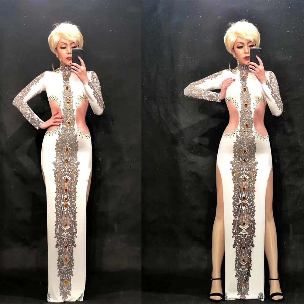 Fashion Long Sleeve Printing Women Sexy Cheongsam White Bodycon Dress Club Stage Wear High Slit Performance Drag Queen Costumes