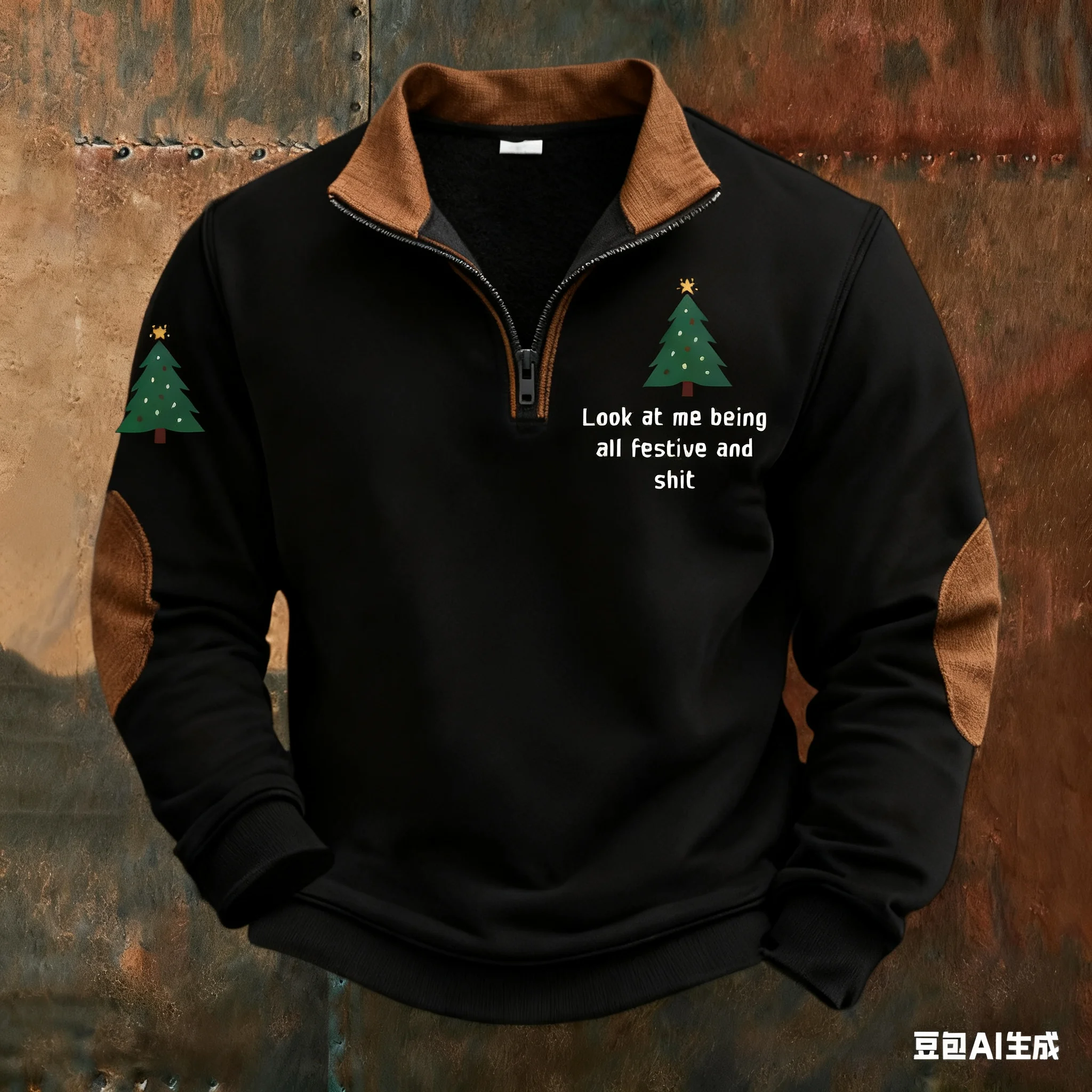 

Christmas men's Christmas tree and funny letter sportswear cool daily fashion stand up collar outdoor party zipper men clothing