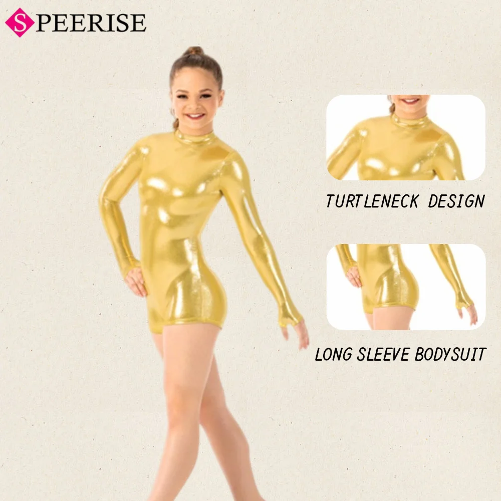 Kids Turtleneck Metallic Biketards With Thumbholes Girls Gold Gymnastics Leotards Shorty Unitard Dance  Halloween Costumes - Image 2