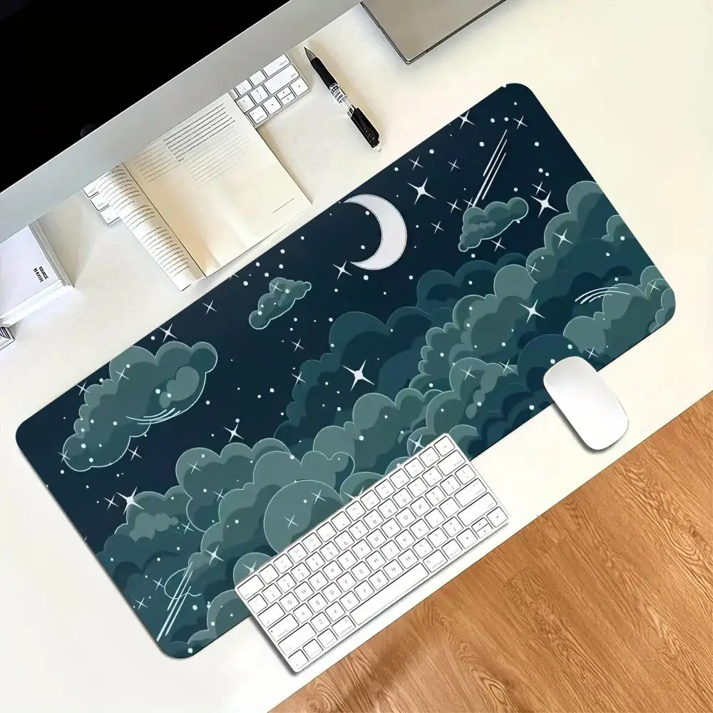 Desk Mat Purple Cloud Moon Star Print Anti Slip Rubber Mousepad Stitched Edge Keyboard Pad For PC Laptop Gamers Table Decor