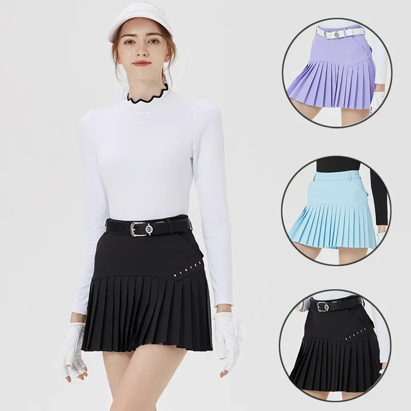 

Blktee Women Golf Short Skirt Lady Slim Anti-expose Skort Girl High Waisted Pleated Pantskirts Side Zipper Golf Elastic Culottes