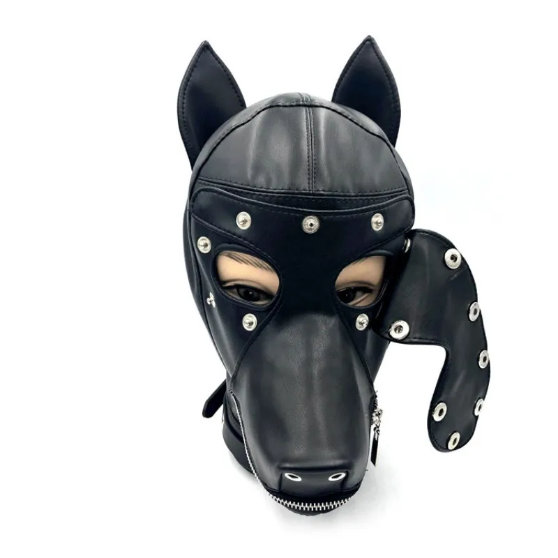 Puppy Cosplay Fetish Costumes of Adjustable Leather Full Head Hood with Eye Mask for Dog Roleplay Exotic Accessories