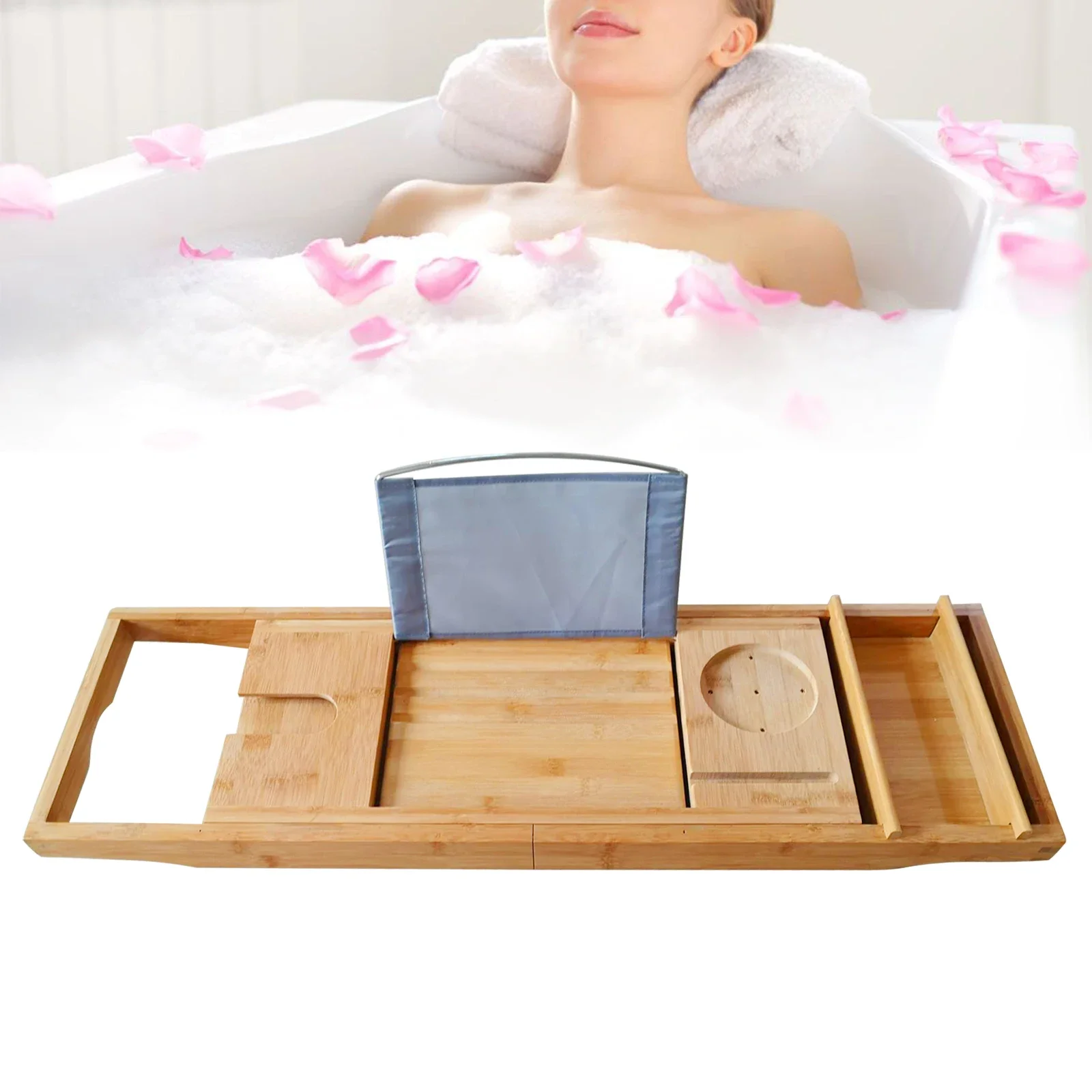 Expandable Bamboo Bath Tray – Durable, Waterproof Bathtub Caddy with Adjustable iPad Stand, for Relaxing Bath Time