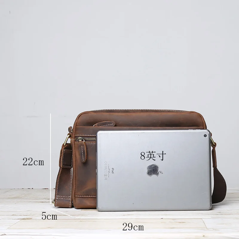 Retro Top Layer Cowhide Men\'s Leather Casual Crossbody Bag Crazy Horse Leather Horizontal Shoulder Bag Handmade Messenger Bag