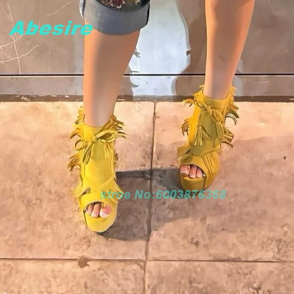 Bohemia Yellow Fringe Wedges Heel Sandals Women Peep‑Toe Cut‑Out Platform Women's Sandals Lace‑Up Summer Festival Vacation Shoes