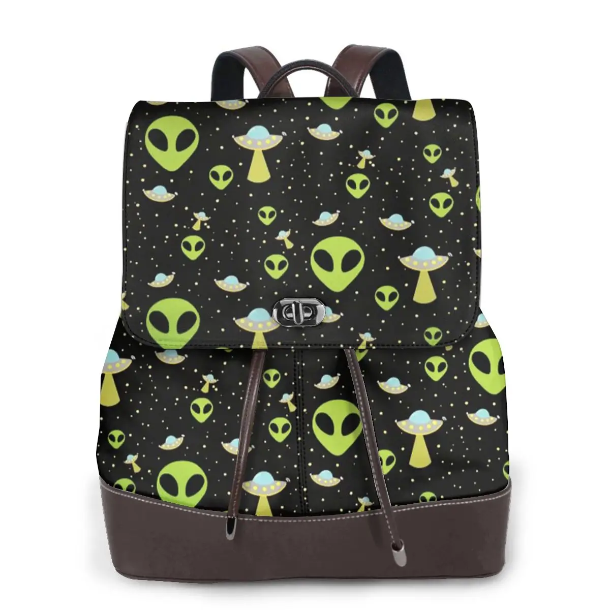 Green Alien Spaceship Pattern Bookbag School Student Bags Hiking Travel Daypack for Women Fashion Derma Backpack