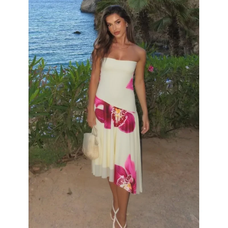 

New Fashionable Printed Double-Layer Strapless Backless Strap Holiday Style Irregular Dress