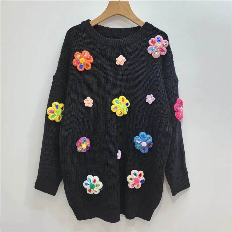 Autumn Winter Sweet and Cute Three-dimensional Colored Flower Diamond-encrusted Round Neck Loose Pullover Knitted Sweater Women