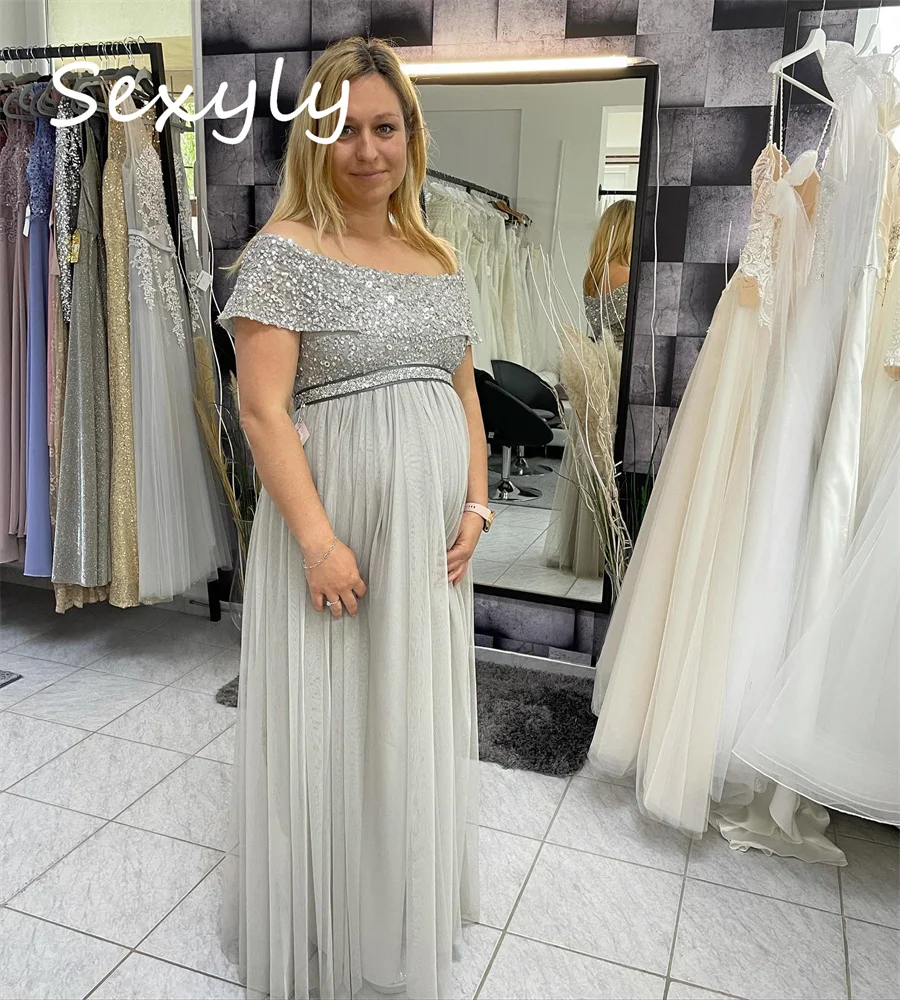 Sparkle Sequin Silver Evening Dress For Pregnant Cape Sleeves Floor Length Formal Prom Dress 2023 Sheath Tulle Wedding Guest