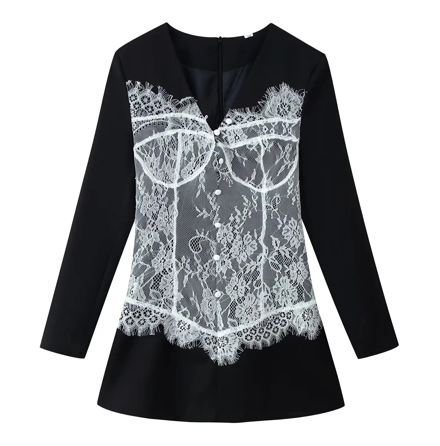 

New Women's Solid Spring Autumn Fashion Lace Spliced Long Sleeve Mini Dress Chic Contrast Color Sexy V-Neck Suit Dresses
