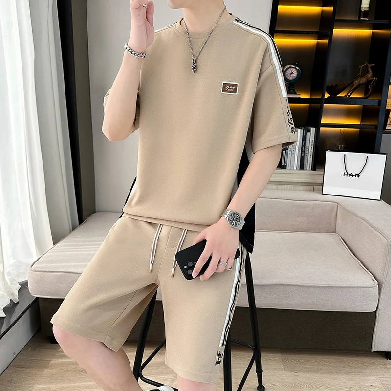 

Летний комплект из ледяного шелка для мужчин: свободная футболка и шорты, тонкие, быстросохнущие, повседневная спортивная одежда из полиэстера, трикотаж