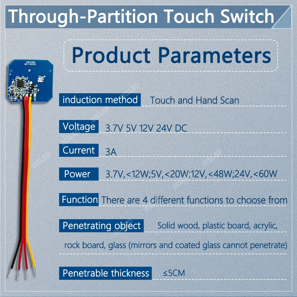 3.7V-24V 3A Through-Wooden Board Touch/Hand-Sweep Sensor Switch-Penetration for Wood/Glass/Acrylic Cabinet/Closet/Desk Lamp