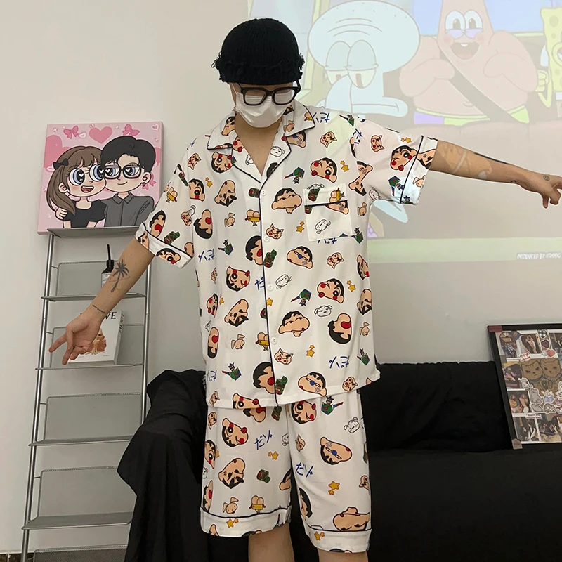 Kawaii Cartoon Pajama Set Crayon Shin-Chan Cute Anime Shin-Chan Summer Home Set Clothes Soft Comfortable Creative Girl Gifts