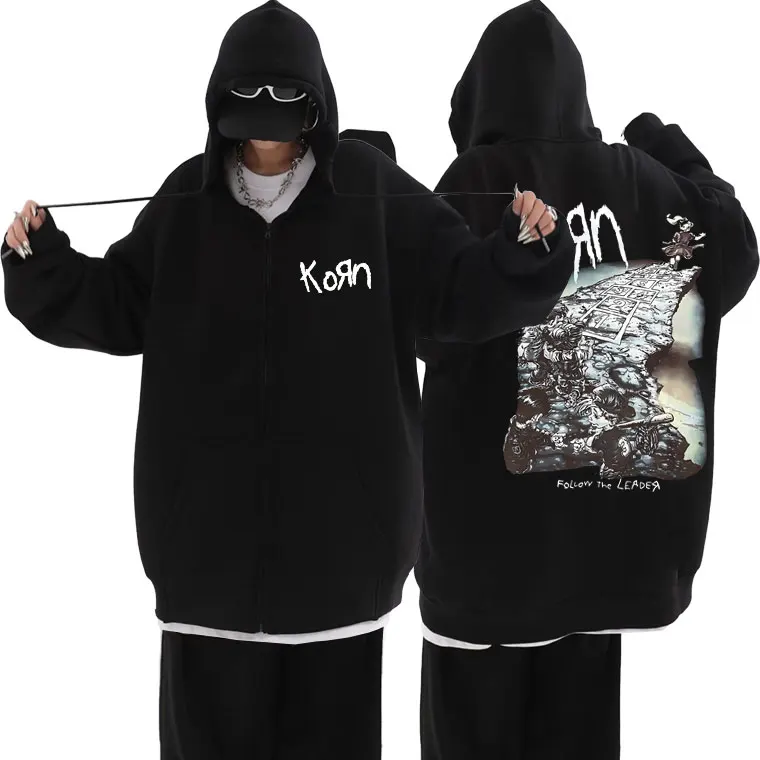 Rock Band Korn Ftl 25 Follow The Leader Graphic Zipper Hoodie Male Vintage Zip Up Jacket Men Women Gothic Loose Zip Up Hoodies