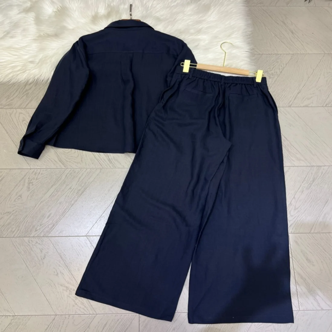 Women's Navy Blue  Piece Set Long Sleeve Shirt And Elastic Waist Wide Leg Pants