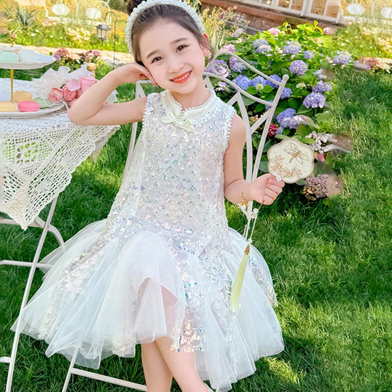 

Sequins Lace Girls Party Dresses Sleeveless Chinese Style Gauze Skirt Wedding Clothes Bridesmaid Evening Prom Children's Dress