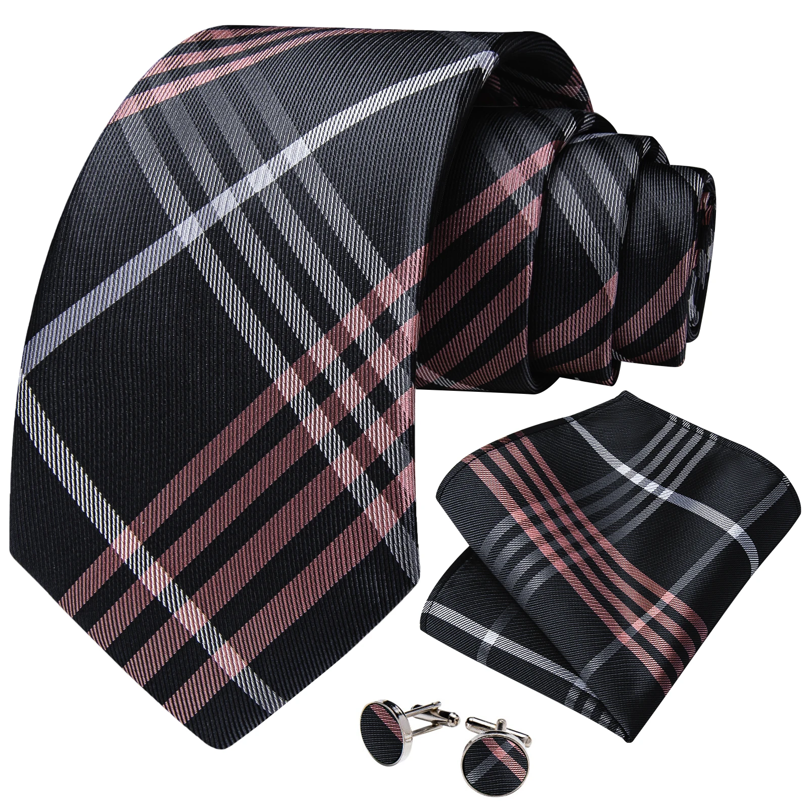 Plaid Pattern Mens Tie 3pcs Set, Complete With Pocket Square And Cufflinks, Fit For Daily Suit, Office Work, Party Wedding