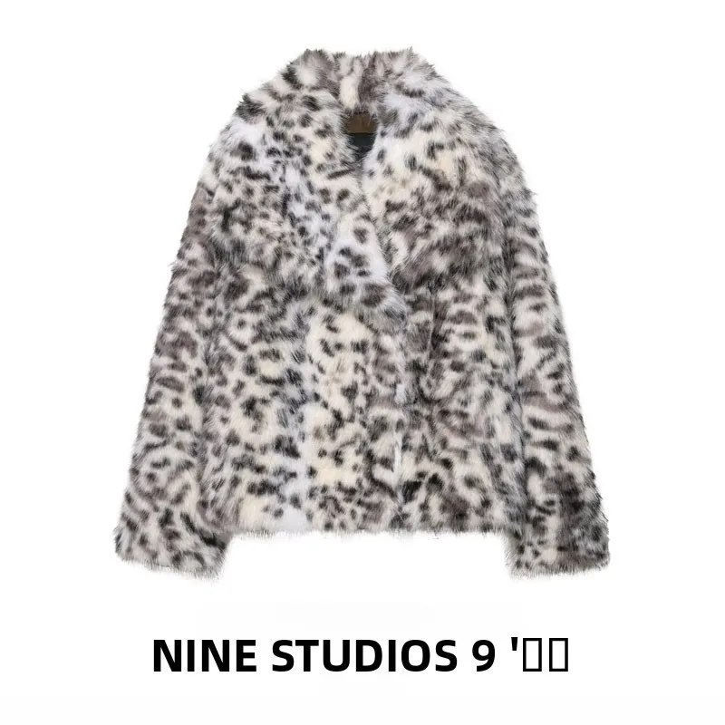 

Animal Print Faux Fur Jaet Coat Women's Loose Fit Long Sve Turn-down Collar ort Sle No Brand Youth Summer Faion