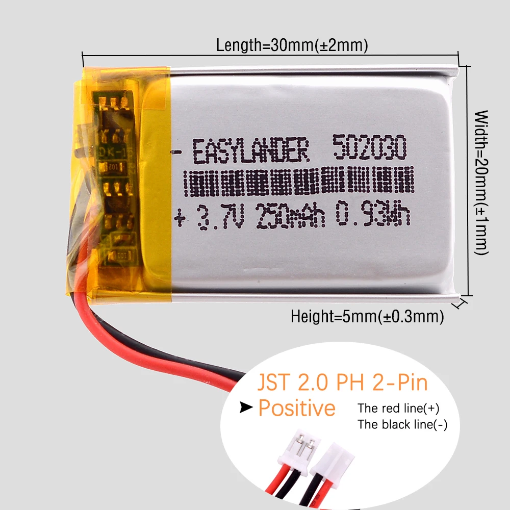 สายซิลิโคน JST2.0 2P สำหรับแบตเตอรี่ลิเธียมโพลิเมอร์ Li-Ion Lipo รุ่น 103450 503040 502030 603048 503759 402030 602030 602530 102540