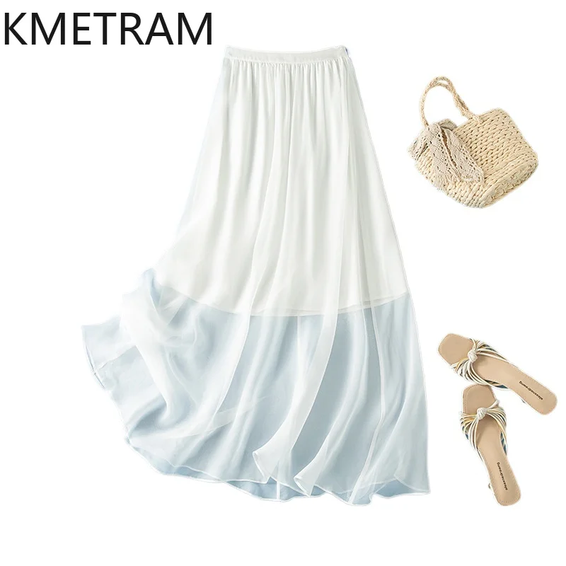 

KMETRAM 100% Mulberry Silk Skirts for Women Chic Solid Color Skirt Elastic Waist Casual Long Skirts Summer Woman Clothes 2026 치마