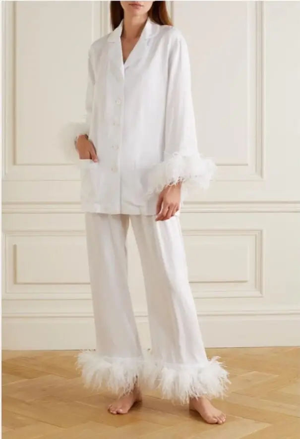 

Women Fashion Cotton Pajamas Two-piece Suit Luxury Ostrich Feather sleepwear gece sikiş