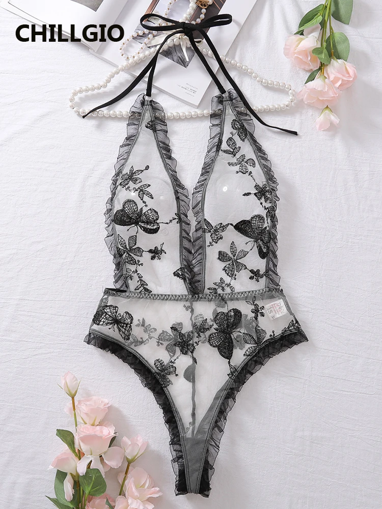

CHILLGIO Women's Body Playsuit Embroidered Lace Halter Bodysuits Erotic Lingerie Mesh Tight Jumpsuits Sexy Hot One Pieces Romper