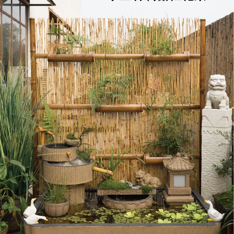 Outdoor courtyard Garden arrangement Bamboo fence Balcony landscaping Terrace landscape Screen fence Fish pond ornament