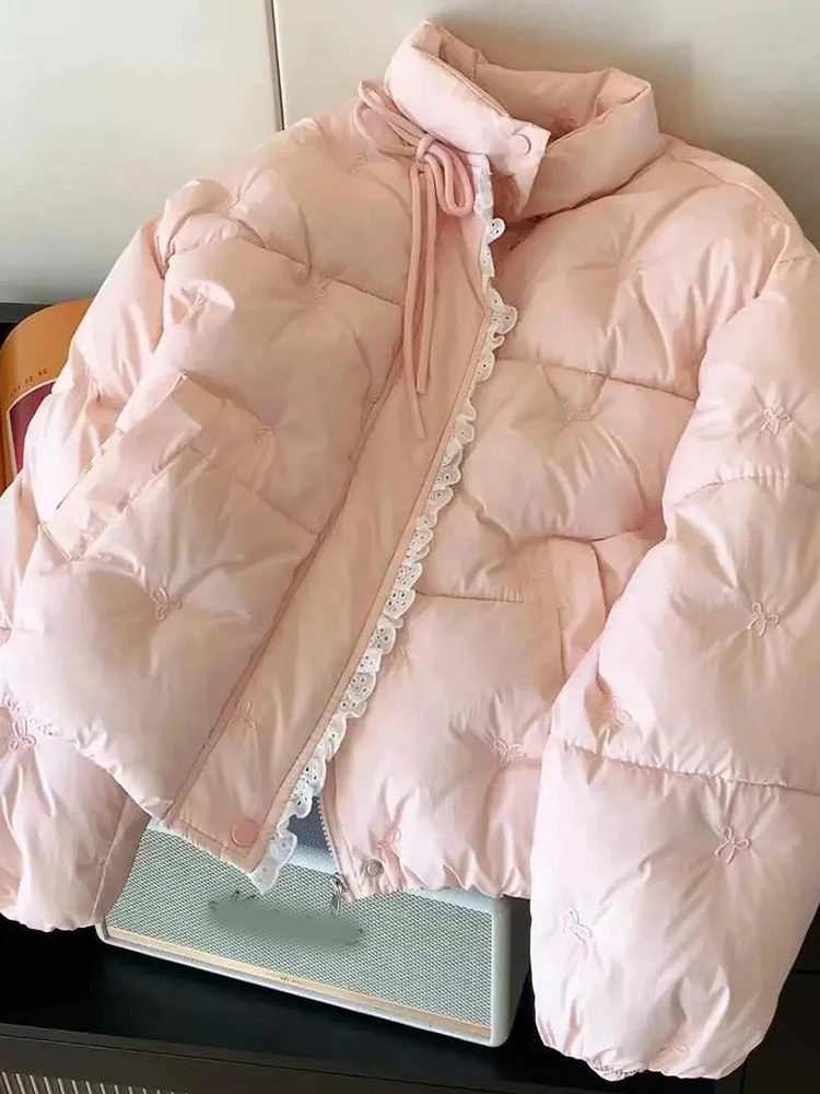 Zoki الدانتيل المرقعة الوردي سترات المرأة الحلو Preppy نمط فضفاض شتاء دافئ منتفخ معطف الكورية طويلة الأكمام لطيف القوس الدانتيل يصل سترة #6