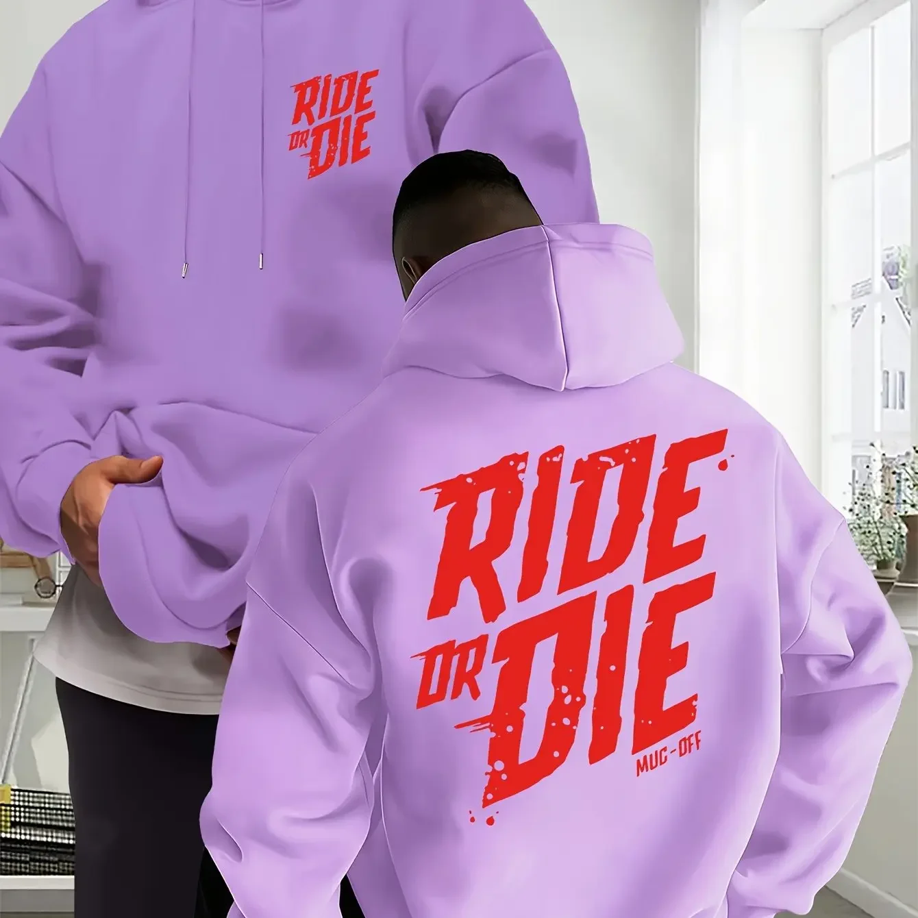 Streetwear Ride Or Die Hoodie Distressed Red Letter Print Pullover Unisex Oversized Fleece Hoodie Fall Winter