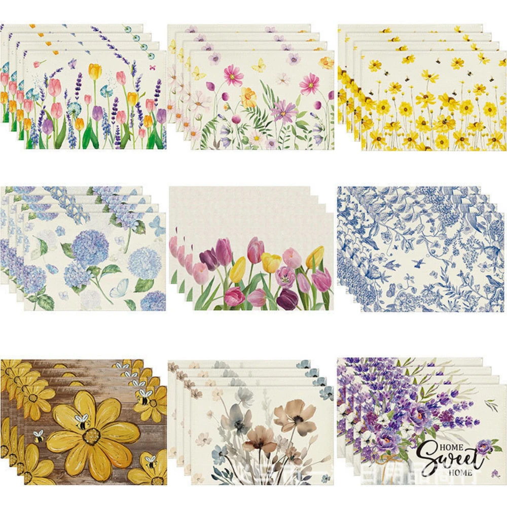 Seasonal Floral Design Linen Placemat Heat Resistant Kitchen Table Tableware Place Mats for Spring Summer Daily Festive Use