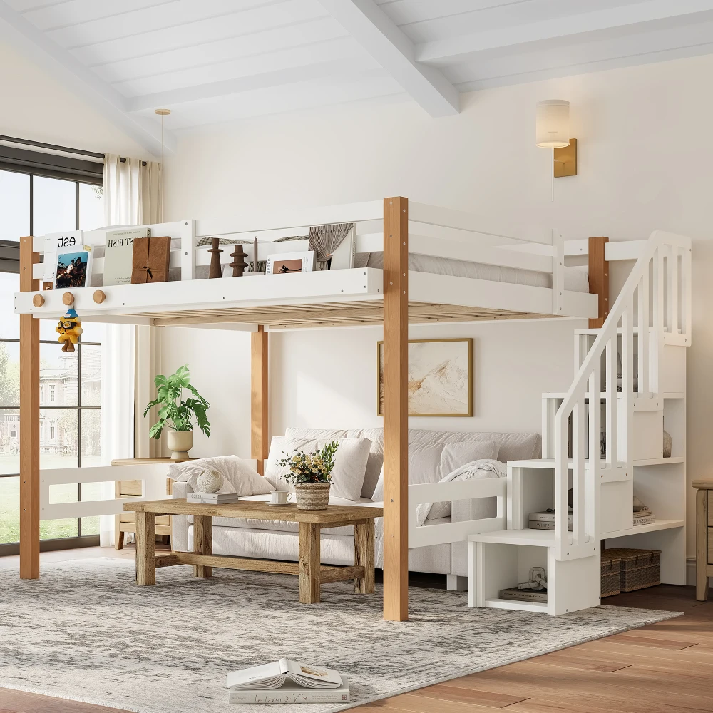 

Full Loft Bed with Clothes Hook, Storage & Bookshelves, Ample Underbed Space, Beige & Natural