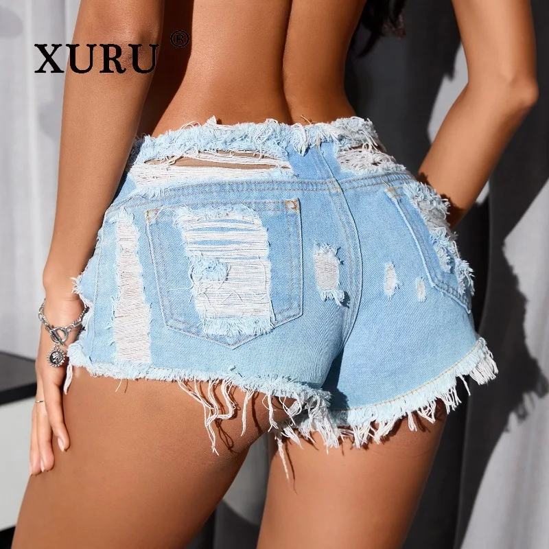 XURU - New Women's Sexy Nightclub Night Bar Jeans, Y2k Clothes Low Waist Piercing Summer Denim Shorts Men's Pants
