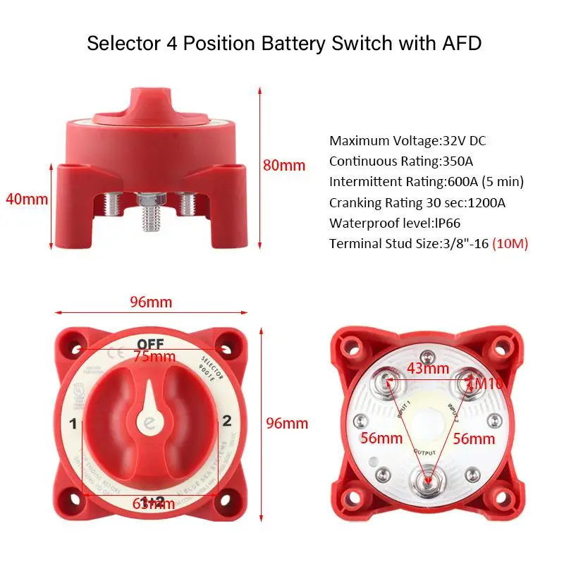 Marine Battery Selector Switch 4 Position Waterproof Heavy Duty for Fishing Boat Power System Upgrade