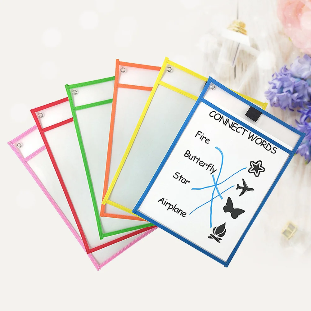 Bolsillos de borrado en seco de PVC transparente, fundas de bolsillo reutilizables de doble cara, soporte para marcadores, ojal de Metal, papelería colgante para oficina, 6 uds.