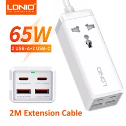 LDNIO Power Extension with PD 65W Multi Function Charger Adapter 2M Extension Cable Socket Electric 4 USB Power Strip SC1418