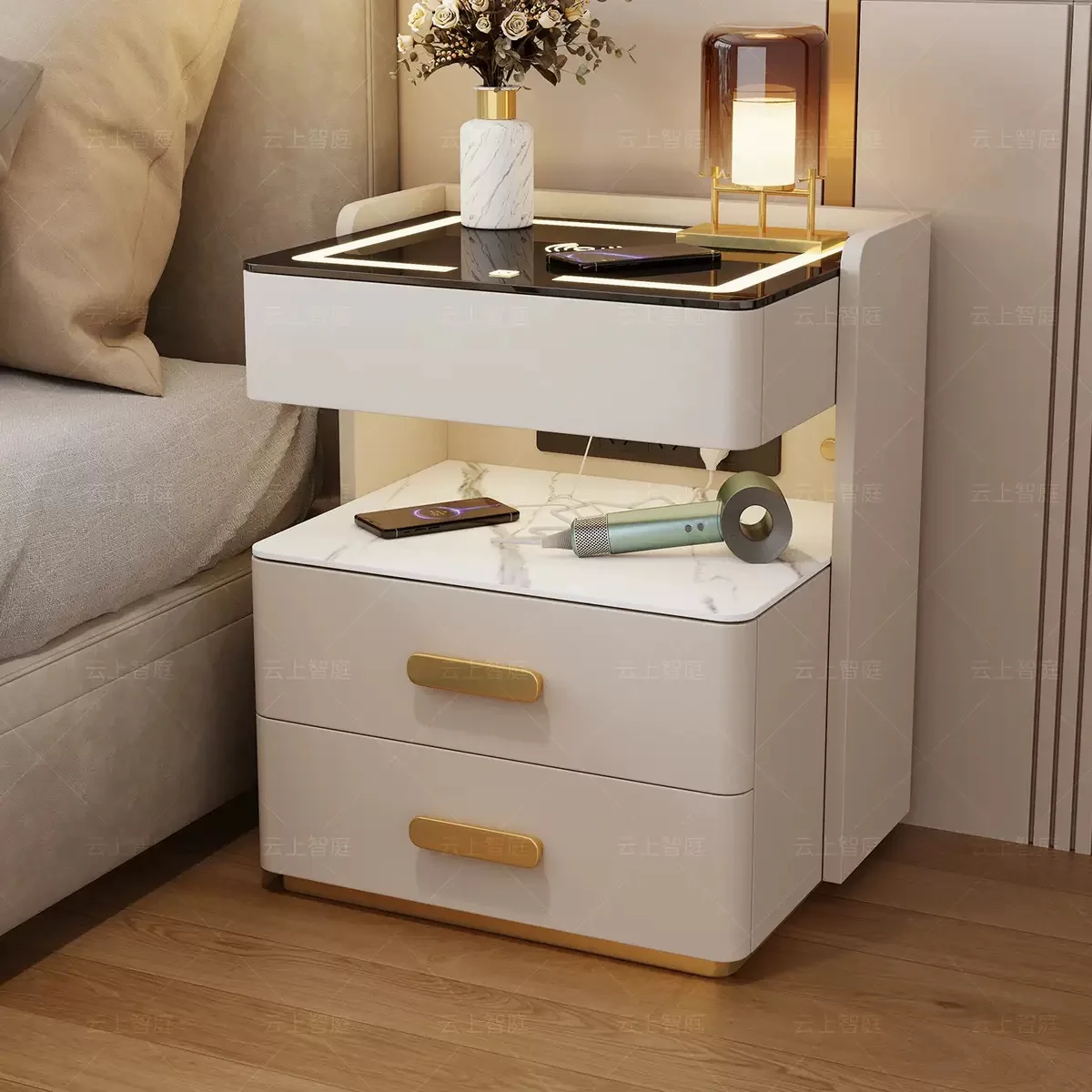 أثاث غرفة النوم، محطة شحن حديثة، مصابيح منضدة متعددة الوظائف، طاولة بجانب السرير الذكية مع مساحة تخزين وقفل ذكي #4