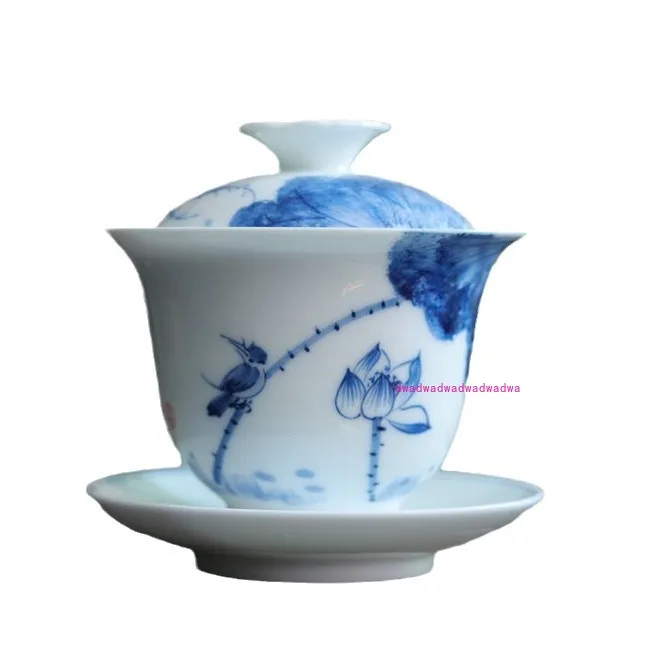 

Hand-painted blue and white porcelain Sancai cover bowl ceramic tea set tea bowl household cover cup