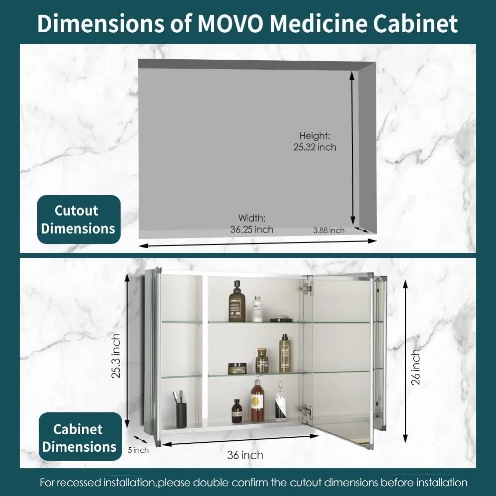 Movo kabinet obat pintu ganda dengan cermin, Kabinet obat kamar mandi aluminium 36 inci X 26 inci, kaca dapat diatur