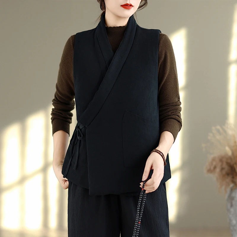 

Thiened Cotton Linen Vest Women's Autumn Winter Chinese Sle Retro Belted Coat Cotton Warm Top V-ne Regular Length