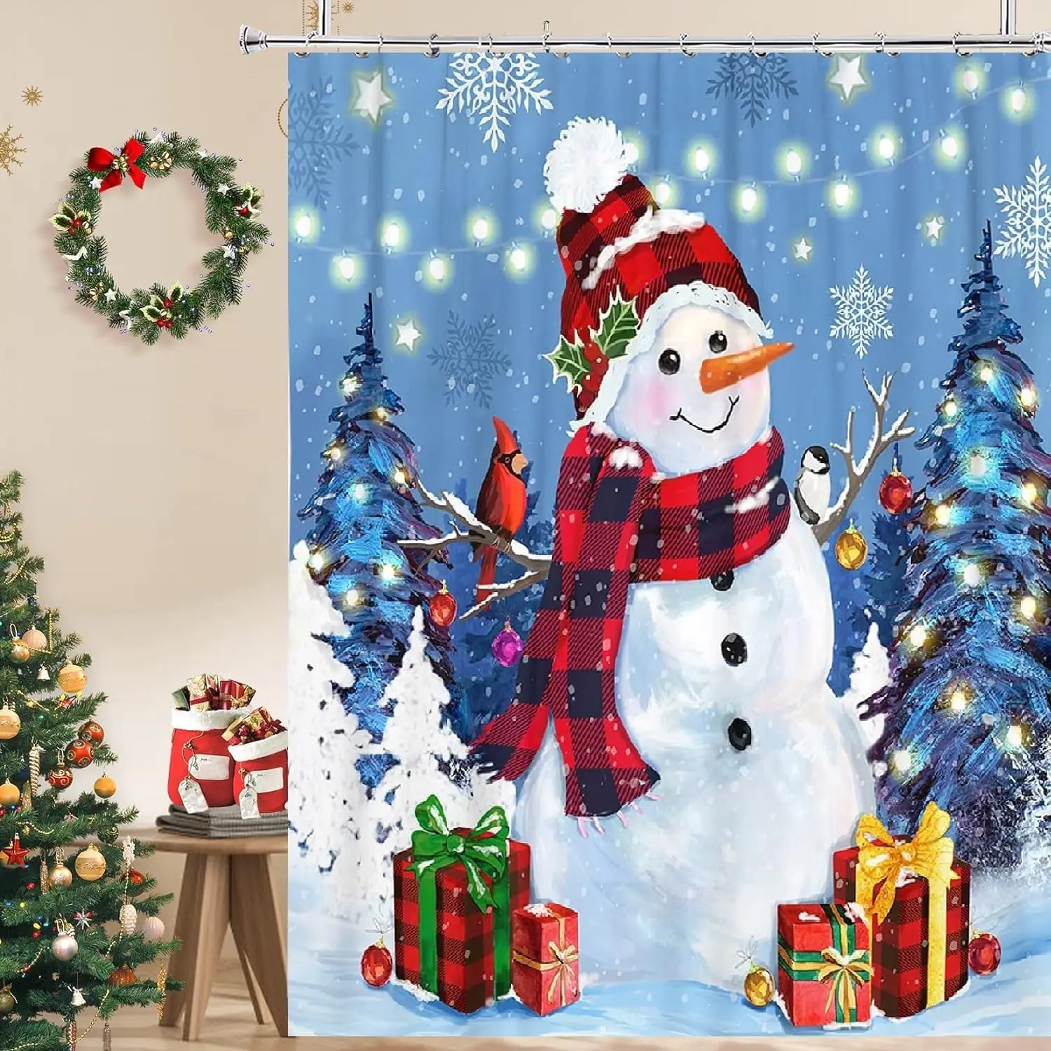 Blue Christmas Snowman Shower Curtain, Cute Winter Forest Snowy Snowflake Christmas Tree Gifts Cardinal Fabric Bathroom Shower