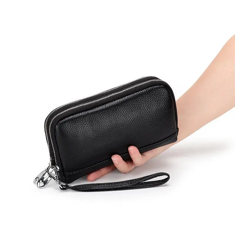 Women Genuine Leather Long Wristlet Clutch Purse 2 Layer Zipper Shockproof Phone Money Bag for Outdoor Sports Activities