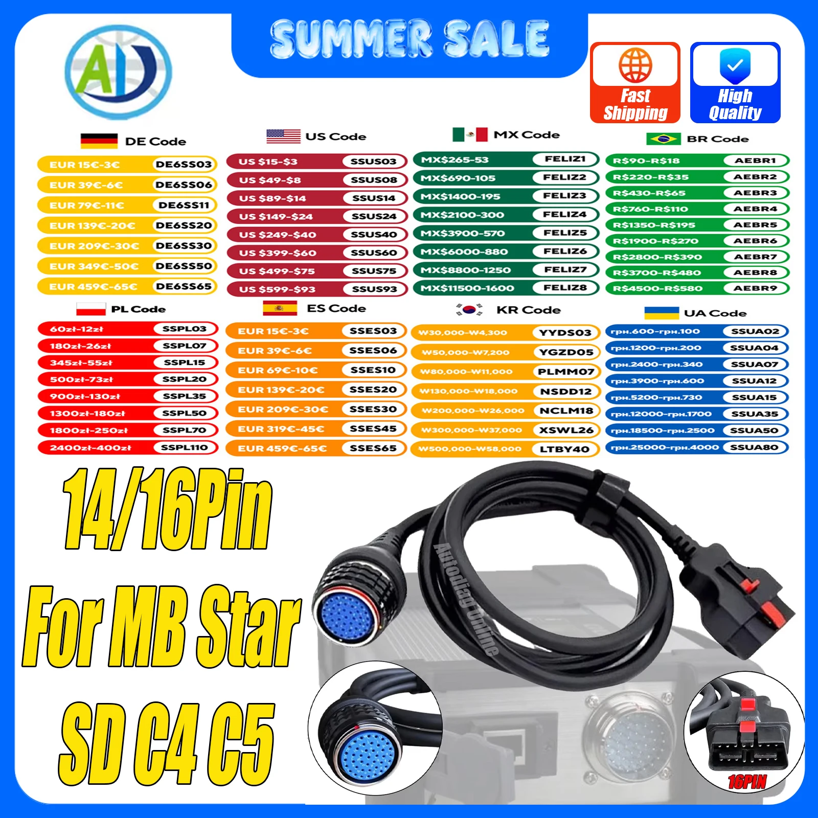 

OBDII Adapter Cable 14Pin to 38Pin For MB Star SD C4 C5 Diagnostic Scanner Connector 16Pin to 38Pin For Mercedes Benz OBD2 Scan