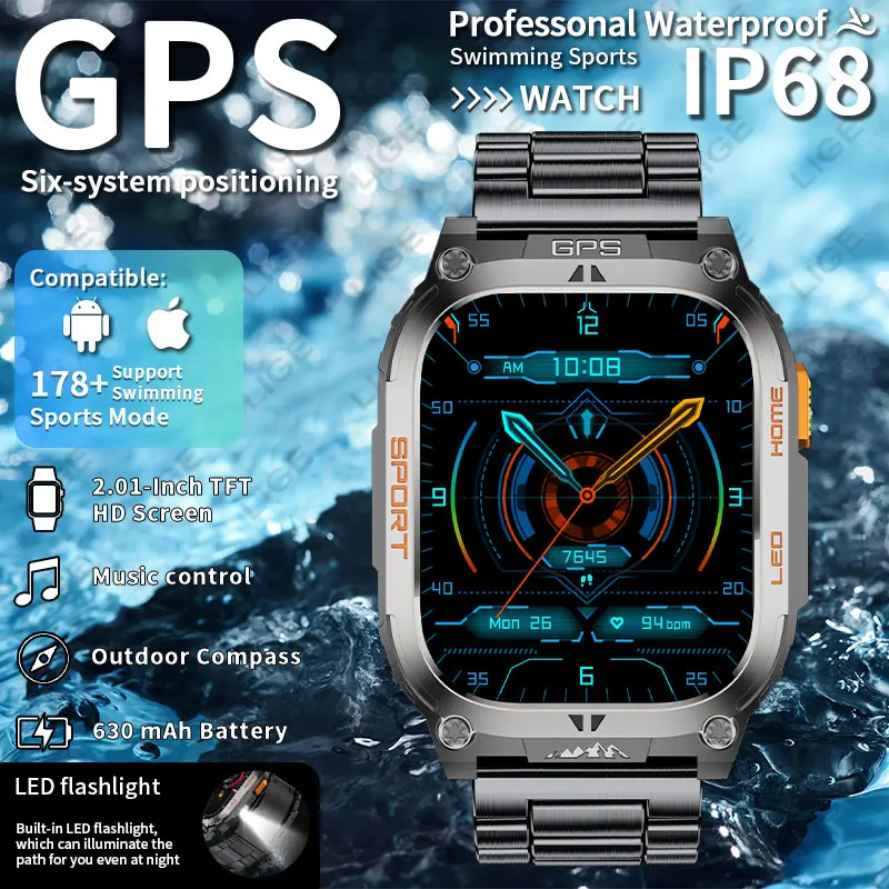 

LIGE уличные умные часы со встроенным GPS-позицией, компасом, 630 мАч, большой аккумулятор, военные наручные часы, спортивный фонарик, умные часы для мужчин