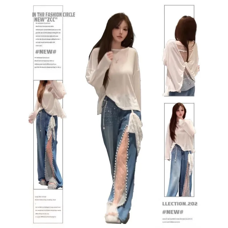 

Trousers Woman Large Size Retro Lace Cowboy Straight Relax Sense of Design New Comfortable Brief Leisure Minority Individuality