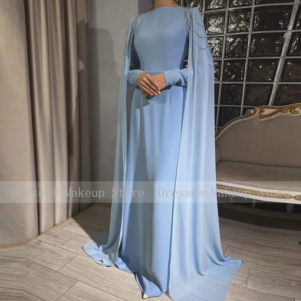 Modest Chiffon Rhinestone Formal Party Dresses Long A Line Boat Neck Evening Gowns for Women 2024 Light Sky Blue Evening Dress